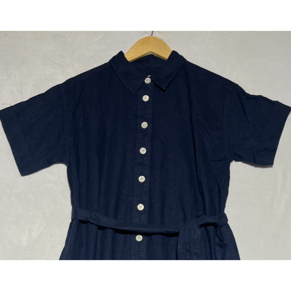 J Crew Belted Linen Blend Mini Shirtdress Medium Petite Navy Button Up Dress - Picture 3 of 9